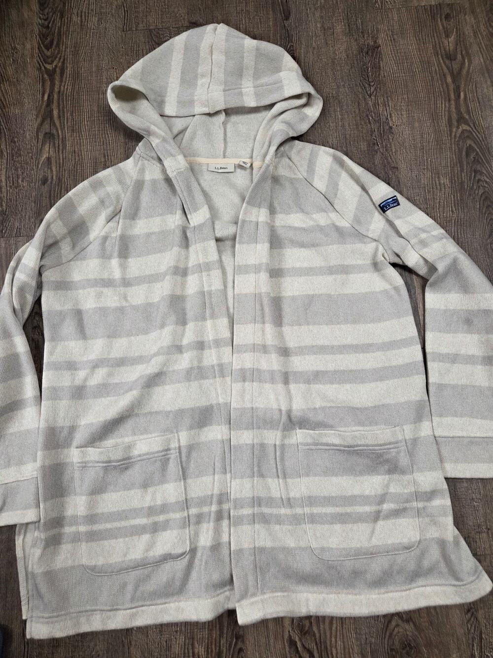 L.L. Bean Striped Gray Beige White Open-Front Hoodie Fleece Cardigan Sweater M